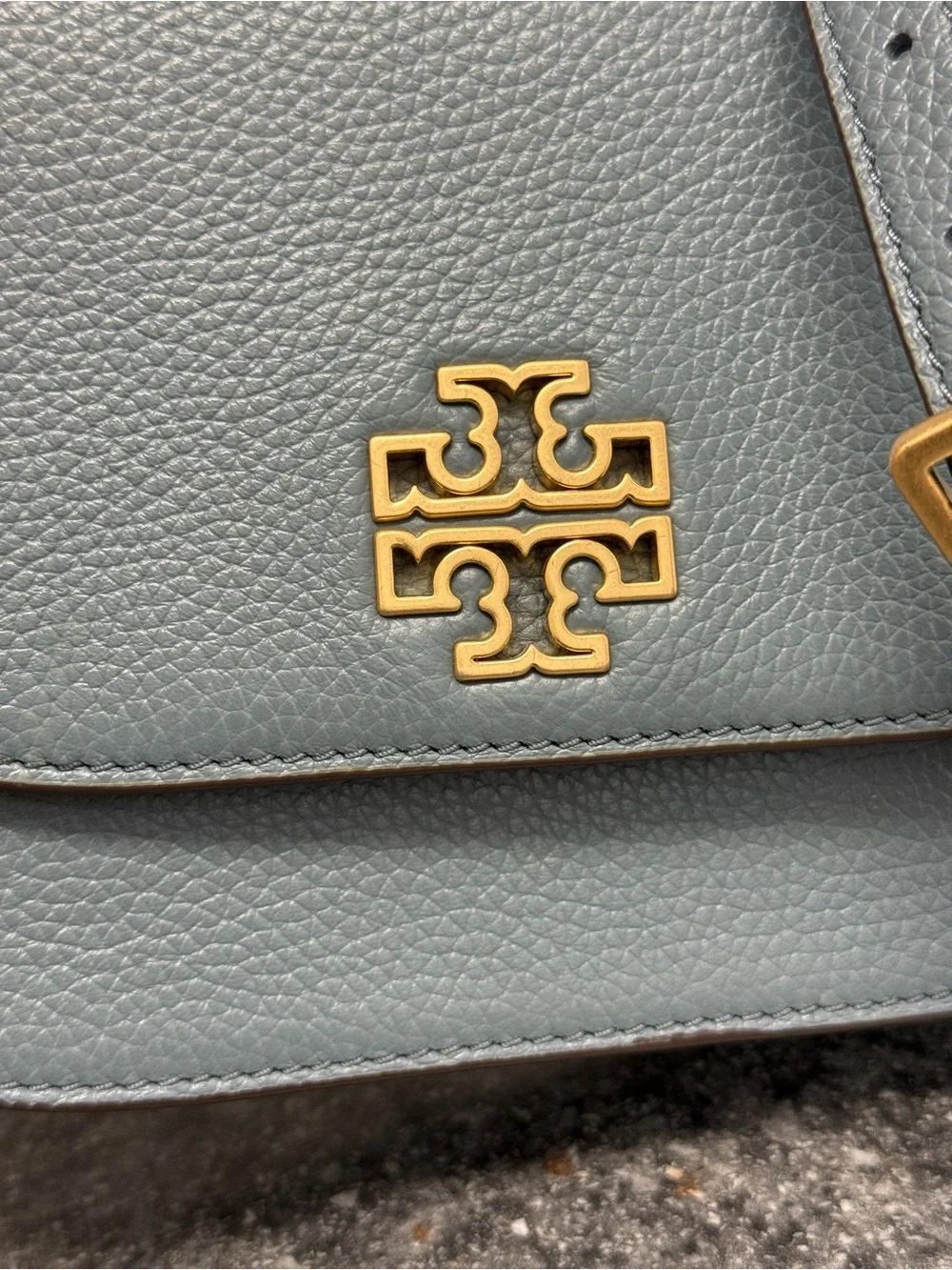 NWOT Tory Burch Britten Logo Saddle Bag Slate Blue/Brunnera Pebble Leather $458